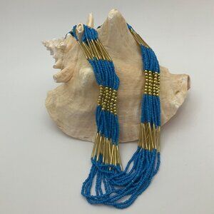 New Vintage Beaded Long Necklace Woven Multistrand Royal Blue Gold Color Coastal